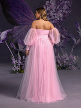 Plus Maternity  Off-Shoulder Evening Gown with Puff Sleeves – Flowy Tulle Dress for Pregnancy Photoshoots & Baby Showers